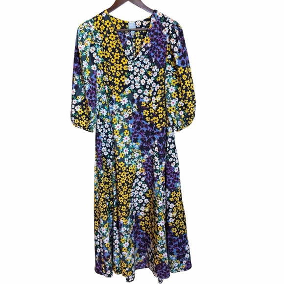 ASOS Floral Midi Dress Patchwork Ditsy Print Puff Sleeve V Neck Womens US 6 - Picture 11 of 12